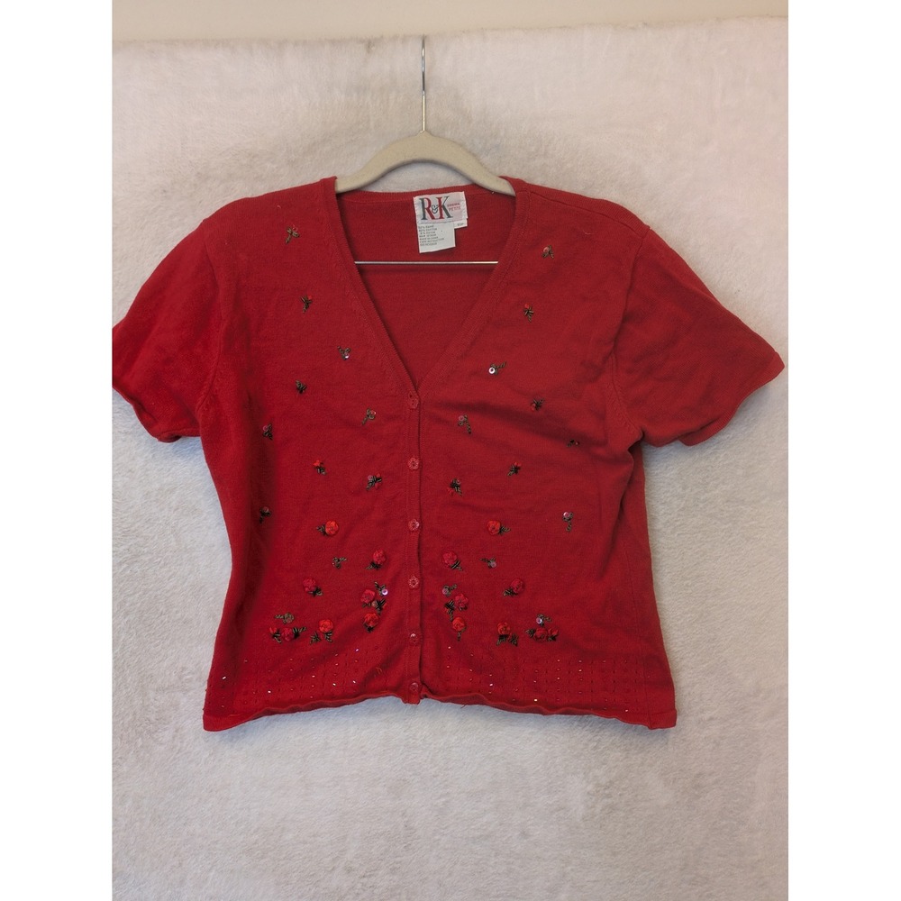 R&K Original Petite Cardigan Women's 10P Red Floral Embroidered Sequin V-Neck